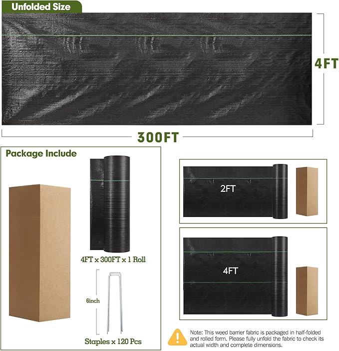 HongWay 4FT x 300FT Weed Barrier Landscape Fabric Heavy Duty Weed Control Garden Cloth with 120 U-Shaped Securing Pegs Woven Weed Blocker Fabric Ground Cover for Garden Beds Commercial Driveway