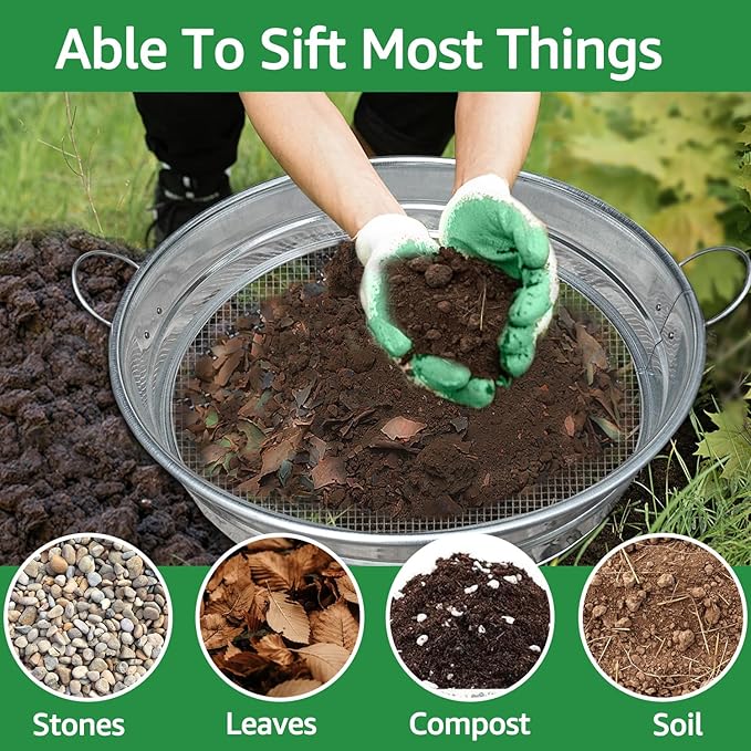 19'' Extra Large Soil Sifter with Handles Compost Sifter for Gardening Dirt SifterRock SifterGarden Sieve for Compost Dirt Rocks Pellet Gravel Sand LeavesGarden Tool 19 x19x4.3 with 1/4 Mesh