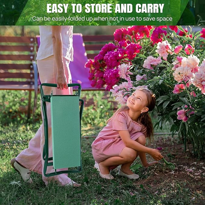 Folding Garden Kneeler Seat with Handles and 3 Tool Bag Anti-Tipping Gardener Stool Widened Thick EVA Soft Foam Kneeling Pad Portable Lightweight Gardening Kneeler Stool for Garden