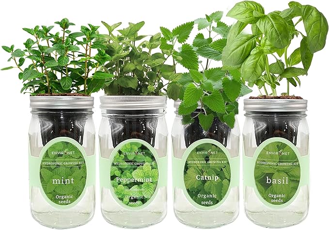 Hydroponic Herb Growing Kit Set Self-Watering Mason Jar Herb Garden Starter Kit Indoor New Christmas Gift for Mom (CatnipPeppermintMint&ampBasil)