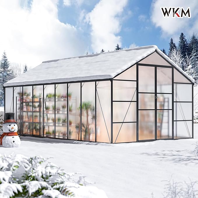 WKM 10x18 FT Greenhouse for Outdoors Walk-in Polycarbonate Greenhouse with Quick Setup Structure and Roof Vent Heavy Duty Green House for Outside Garden Backyard Black