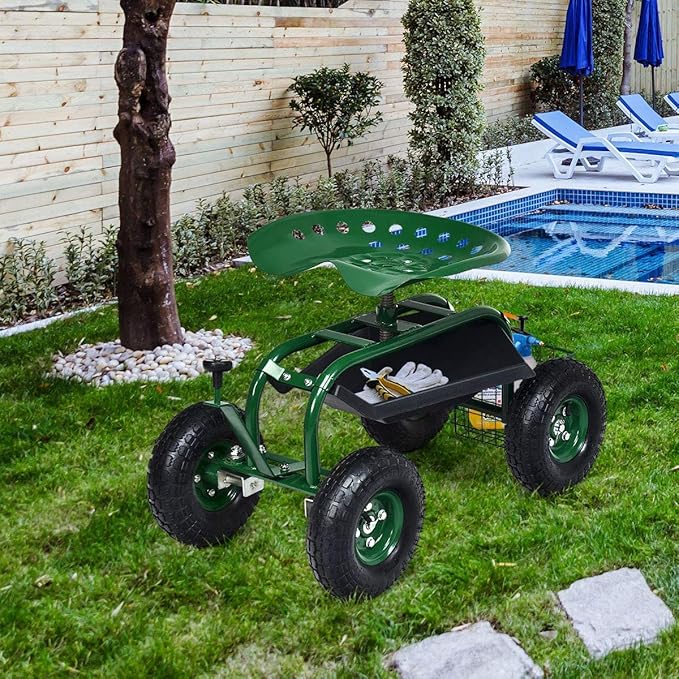 GRAFFY Garden Cart w/Wheels Mobile Rolling Work Seat w/Tool Tray and Basket Lawn Wagon Cart with Rotating and Adjustable Seat Patio Yard Stool Cart Green