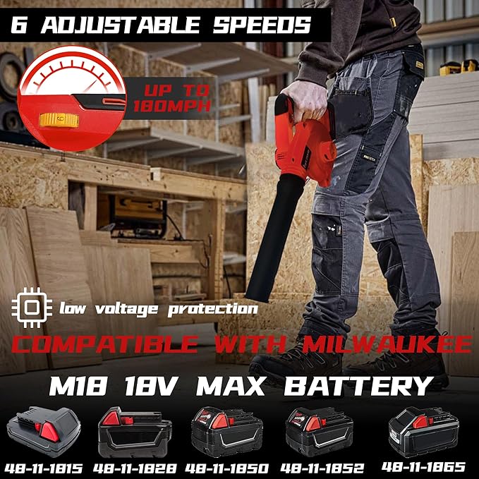 Cordless Leaf Blower for Milwaukee Battery2-in-1 Handle Electric Blower + Vacuum Cleaner 6 Variable Speed Up to 180MPHElectric Jobsite Air Blower with Brushless Motor (Only Tools)