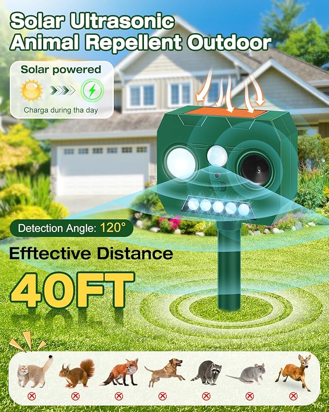 Solar Ultrasonic Animal Repellent Outdoor 4 Pack Cat Repellent Outdoor Deer Repellent Devices with PIR Motion Sensor ＆ LED Flash Waterproof Squirrel Repeller Cat Raccoons Rabbits Deer Skunk