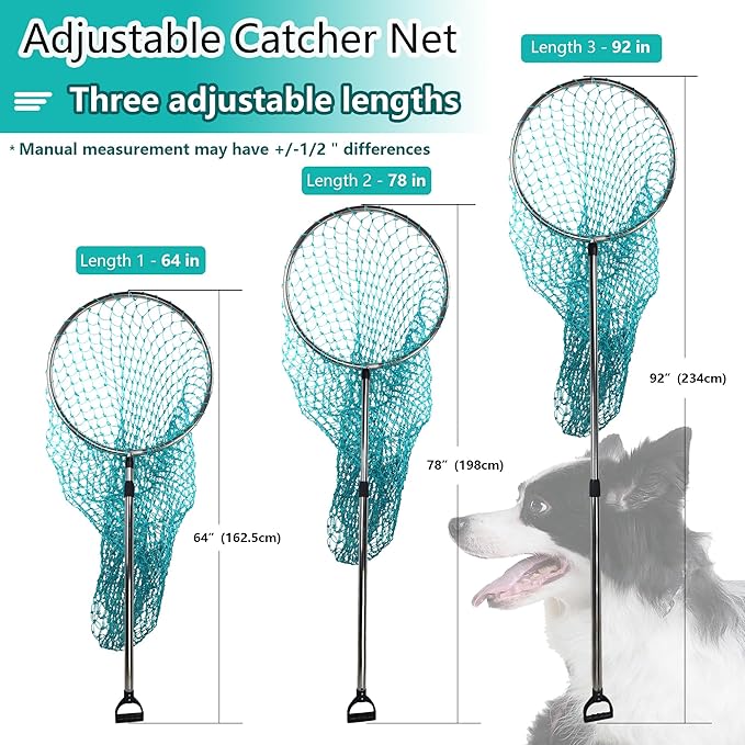 Dog Catch Net Animal Control Net Poultry Catching Trap Tool Length Adjustable for Cat Pigeon and Others (42~70 Handle with 24.4 Net Opening) (Stainless Steel Natural - Large)