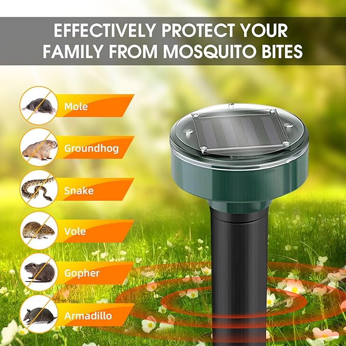 8 Pack Ultrasonic Solar Mole Repellent Gopher Repellent Waterproof Vole Chipmunk Groundhog Repellent Outdoor Sonic Spikes Rodent Repellent Mole Deterrent Snake Repellent for Yard Lawn