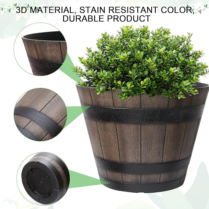 Large Plant Pots 20 Inch 2 Pack Plastic Whiskey Barrel Planters Big Flower Pots Wine Barrel Design for Outdoor Indoor Garden Porch Patio Backyard