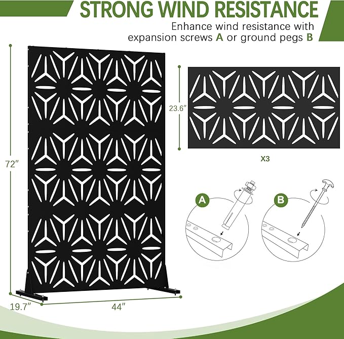 Cofar Metal Privacy Screen Outdoor 72 H×44 W -Black Freestanding Outdoor Privacy Panels with Stand Decorative Fence for Patio Deck Balcony（Floral）