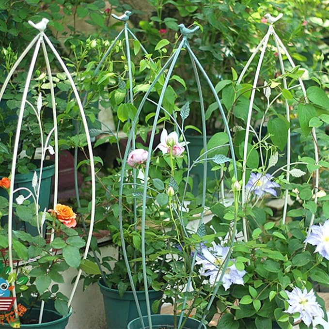 Garden Bird Obelisk Trellis for Climbing Plants Vintage Flower Support Iron Metal Tomatoes Vegetables Flowers Vines (White)