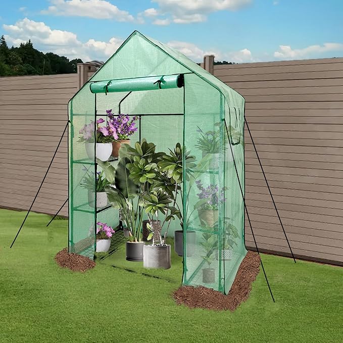 Heyfurni Walk in Greenhouse with ShelvesWalk-in Plant Green House with Durable Green PE Cover 3 Tiers 6 Shelves Stands with Ground Pegs &amp Ropes for Stability 56x28x76