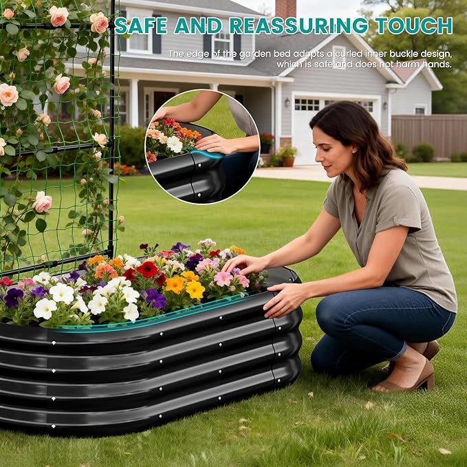 SUNYRISY Galvanized Raised Garden Bed with 87 H Arch Trellis for Climbing Plants Outdoor Metal Planter Box with Netting for Gardening Flowers Vegetables Fruit Herb Black