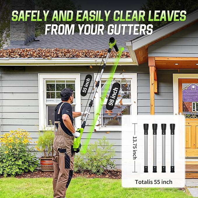 Leaf Blower Cordless 40V Leaf Blowers with 2 Battery Brushless 300° Rotatable Blower Tube with Adjustable Pole (98inch) 580CFM/180MPH &amp 2 Speed Gutter Cleaning Tools for GardenHouse