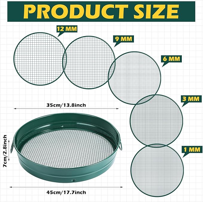 14.57'' Large Soil Sifter for Gardening with 1 3 6 9 12 mm Sieve Mesh Compost Dirt Sifter with Handle Garden Sand Soil Rock Sieve for Dirt Sand Rocks Pellet Gravel(Green)