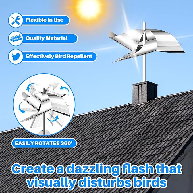 Qualirey 4 Pack Reflective Pinwheel Bird Deterrent Spinning Reflective Kites Bird Scare Device Keep Pigeon Woodpeckers and Sparrows Away Outdoor Use Boats Roofs Vegetable Gardens