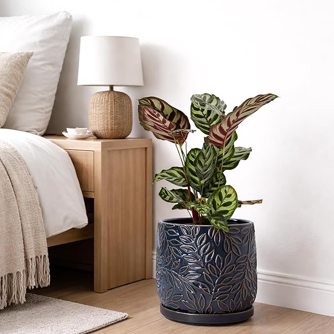 D'vine Dev 8 Inch Embossed Leaves Stoneware Planter Pot with Drainage Hole and Saucer Midnight Blue 27-A-Q-3