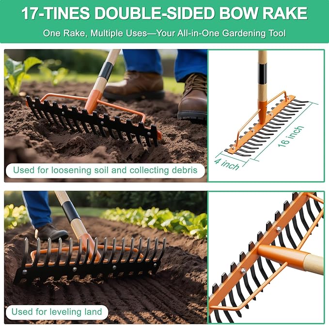 17 Tines Wide Head Bow Rake for Soil Leveling Garden Rake Heavy Duty with 55” Adjustable Wooden Handle Heavy Duty Metal Rake for Lawns Gardening Loosening Soil Gathering Leaves Landscaping