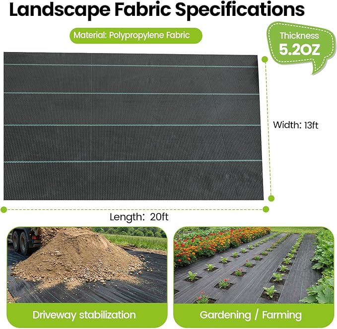 13x20ft Driveway Fabric 5.2OZ Commercial Weed Barrier Fabric Heavy Duty Landscape Fabric Weed Fabric Weed Blocker Fabric for Garden Weed Barrier Road Fabric Construction Project Erosion Control