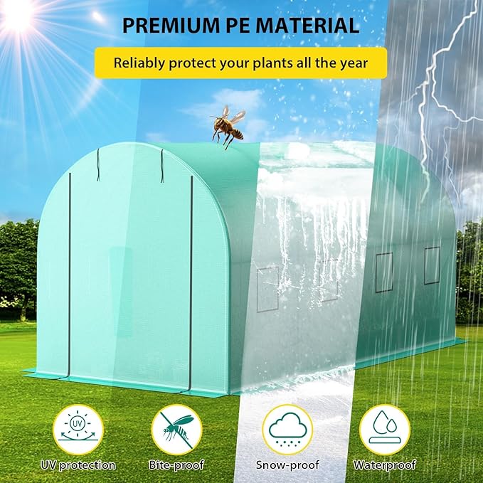 7*15*7FT Walk-in Greenhouse Portable Walking in Tunnel Tent Walking in Tunnel Tent with Galvanized Pipe 2 Roller Zippered Door &amp 8 Screen Windows Greenhouses for Outdoors (Bottom widening Desi