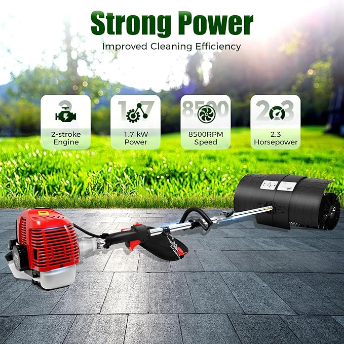 Gas Power Snow Sweeper Broom 2-Stroke 2.3hp 52cc Driveway Turf Lawns Artificial Grass Power Brush Lawn Sweeper Cleaner Tools with Nylon Brush Power Broom for Artificial Turf