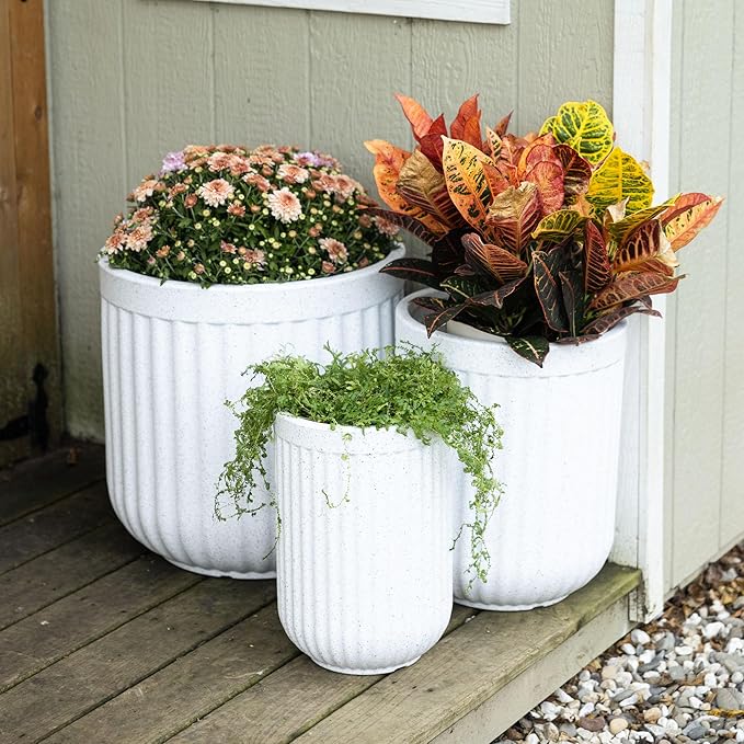 Beuta Large Planters for Outdoor Plants - Set of 3 15/18/20 Inches - USA Made - Outdoor Planters for Porch - Tall Planter for Outdoor &amp Indoor Plants | Large Indoor Plant Pot - Limewash