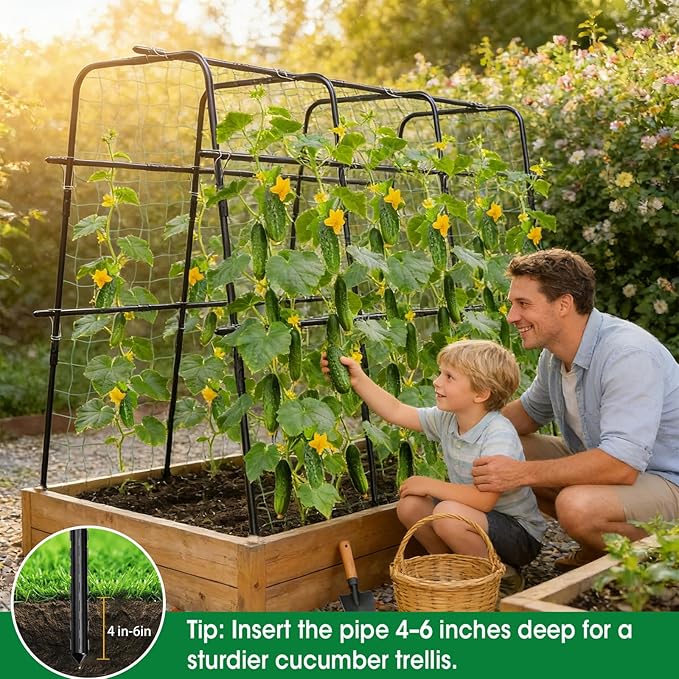 Cucumber Trellis for Raised Bed and Garden 47 H x 63 W U-Shaped Metal Garden Trellis for Climbing Plants with Nylon Netting Vegetable Support Frame