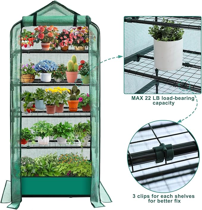Mini Greenhouse for Indoor Outdoor 5 Tier Shelves Rack Small Green House Heavy Duty with Waterproof Mat Portable Plants Seedling Supplies Durable PE Plastic Cover with Tape Gardening Gifts