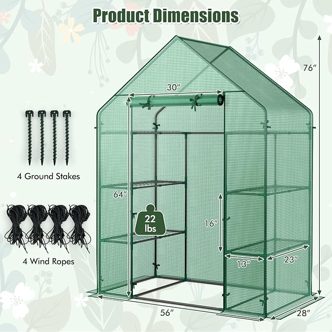 Walk-in Greenhouse Portable Plant Garden House with 4 Tier 8 Shelves &amp Zippered Roll Up Door Mini Growing House for Indoor Outdoor Garden Patio Backyard
