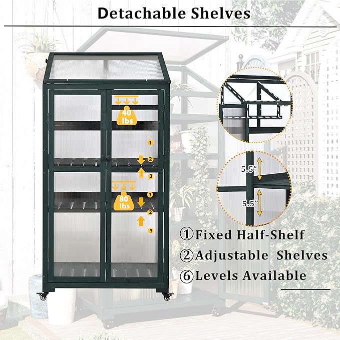 Mini 4-Tier Greenhouse with Locking Wheels 62 Inch Height Portable Wooden Green House Cold Frame with Adjustable Shelves and Vent Small Garden House for Outdoor Indoor Forest Green