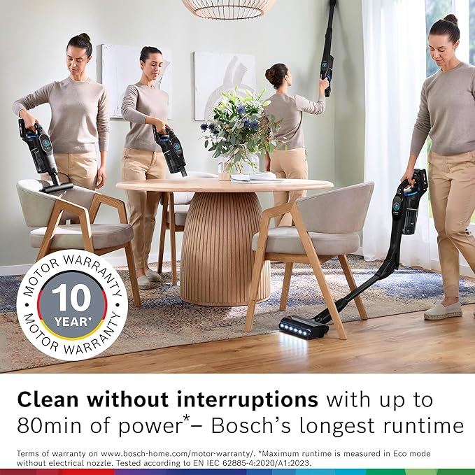 Bosch Unlimited 10 Cordless Stick Vacuum Cleaner - Up to 80 Min Battery Fast Charger Pet Hair Hard Floors and Carpets HEPA Filter MicroClean Brush Bendable Tube 6 Accessories Black