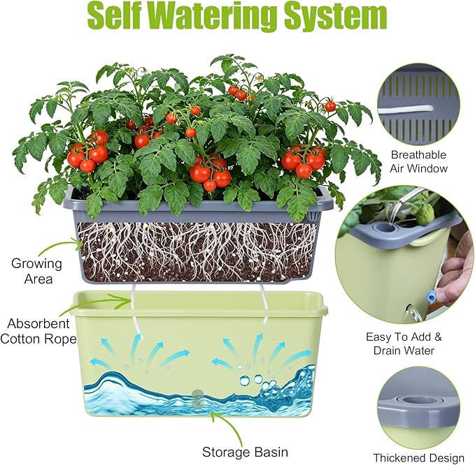 Window Box Planter 4 Packs 14 Inches Rectangle Flower Pots with Breathable Drainage Holes Pots for Vegetables Herbs Flowers Garden Windowsill Balcony (Green &amp Grey)