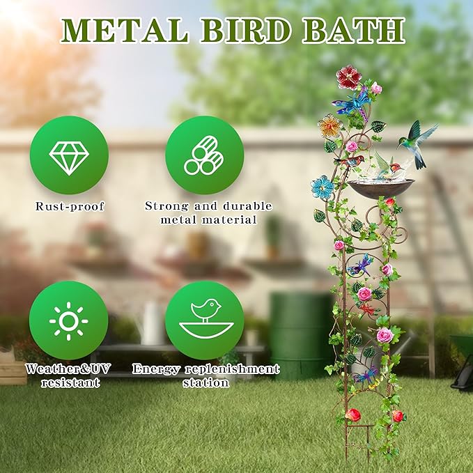 57” Bird Bath with Garden Trellis for Climbing Plants Outdoor Small Decorative Trellises Metal Birdbath Bird Baths 1 Piece (Dragonfly)