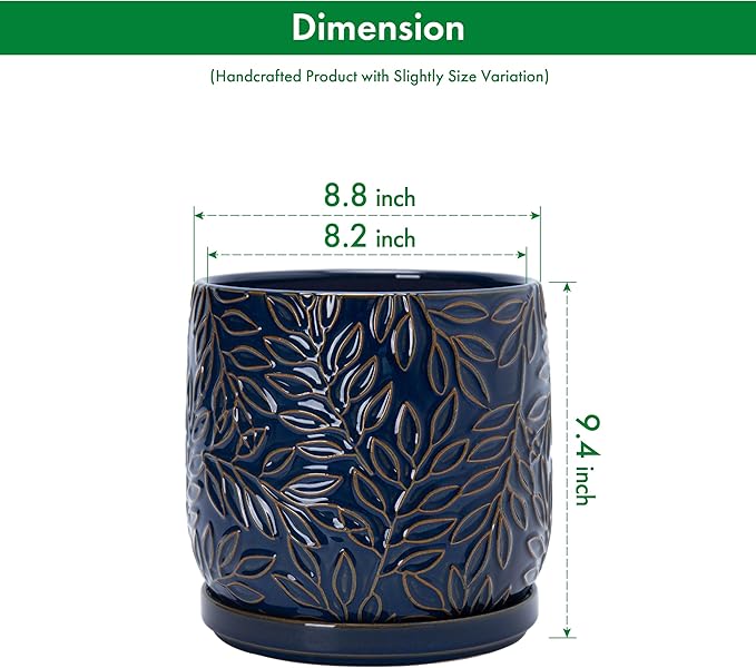 D'vine Dev 8 Inch Embossed Leaves Stoneware Planter Pot with Drainage Hole and Saucer Midnight Blue 27-A-Q-3