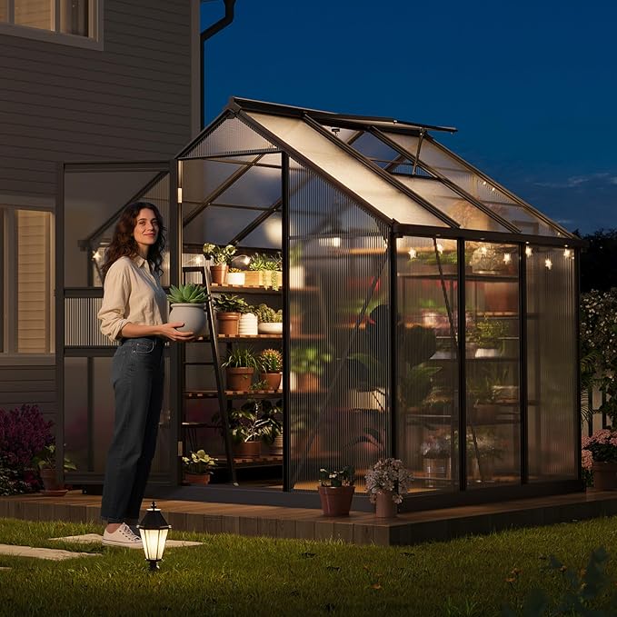 Greenhouse 6×6FT Greenhouses for Outside Polycarbonate Greenhouse with Aluminum Frame Lockable Door and Ajustable Roof Vent for Backyard Green Houses for Outside Garden Backyard Patio