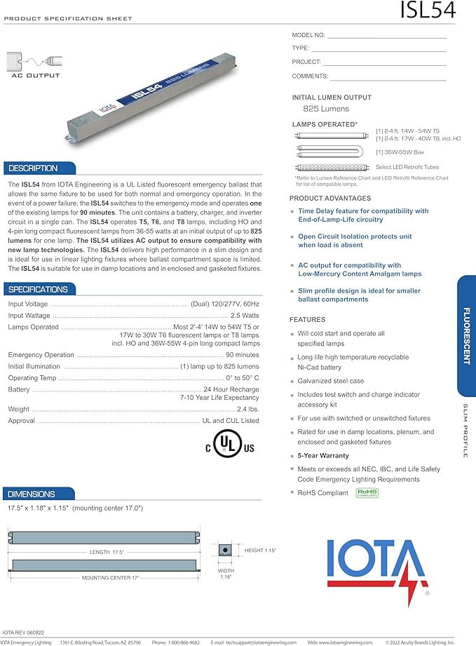 ISL-54 IOTA Emergency Lighting Battery Pack Ballast - 825lm