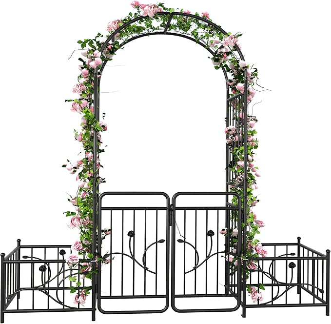 Garden Arbor 80 W x 87 H Metal Garden Arch with Gate and Planter Boxes Wedding Arch Party Decoration for Climbing Plants Outdoor Lawn Patio and Backyard