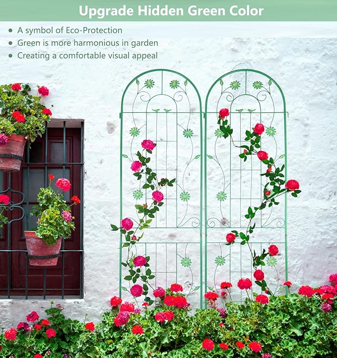 2 Pack Metal Garden Trellis 86.7 H Garden Fence Rustproof Trellis for Climbing Plants Support Roses Flower Outdoor Lawn Green