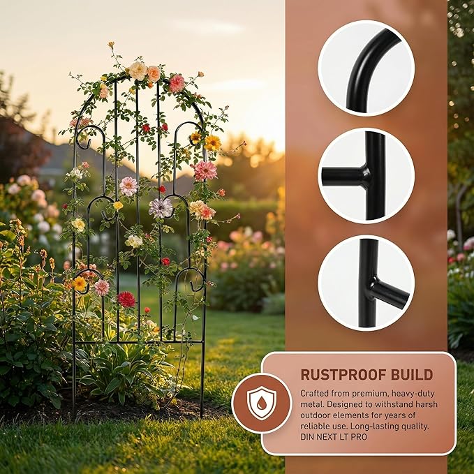 SCENDOR 2 Pack Arched Metal Garden Trellis for Climbing Plants 45 H x 15.9 W – Rustproof Iron Trellis with Decorative Scrollwork Perfect for Roses Clematis Vines and Patio Decor