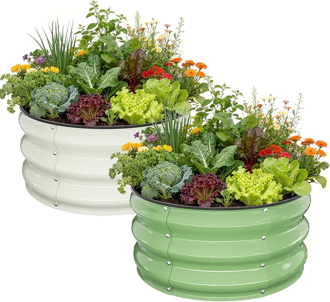 Galvanized Raised Garden Bed 2pcs 2x2x1 FT Round Metal Raised Garden Bed Outdoor Planter Box with Open Bottom Rust-Resistant Steel Garden Bed for Vegetables Herbs Flowers Easy Assembly