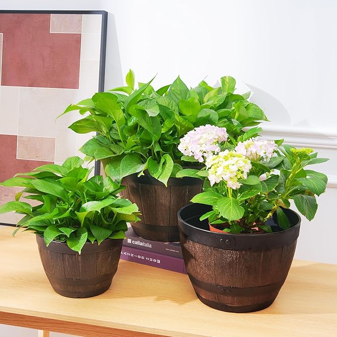 VECELO Plant Pots with Drainage Holes &amp Saucer 9 Inch Flower Pots with Tray 3 Pack Plastic Whiskey Barrel Planters for Indoor &amp Outdoor Garden Home Plants and Flowers