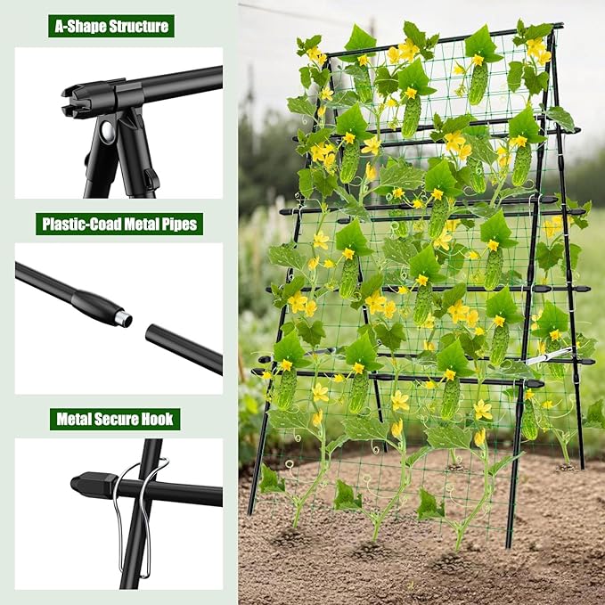 6ft Cucumber Trellis for Raised Bed Garden Trellis for Climbing Plants Outdoor A Frame Metal Trellis Support with Net for Vegetables Tomato Zucchini Squash Beans Peas Melons Rose FlowersVines