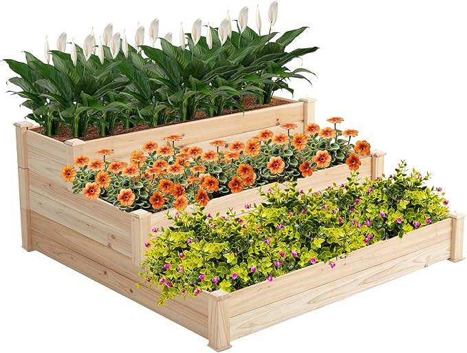 3 Tier Wooden Raised Garden BedTiered Outdoor Elevated Flower BoxHorticulture Open-Bottom Planter Raised Garden BedVegetables Growing Planter for Backyard Patio Gardener Wood Color