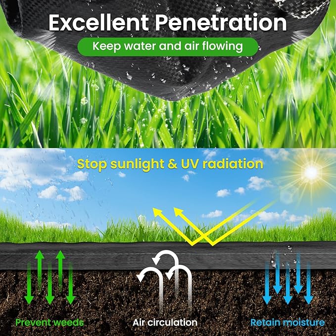 Rintea 4FTX300FT Weed Barrier Fabric 3.2oz Landscape Fabric Durable Weed Barrier Fabric Heavy Duty with 20 U-Shaped Securing Pegs for Landscaping Weed Blocker Garden Bed Cover Commercial Driveway