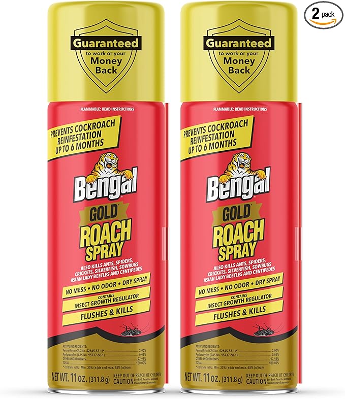 Bengal Gold Roach Spray - Odorless Stain-Free Bug Spray for Home - Prevents Reinfestation for Up to 6 Months - 11 oz 2 Pack