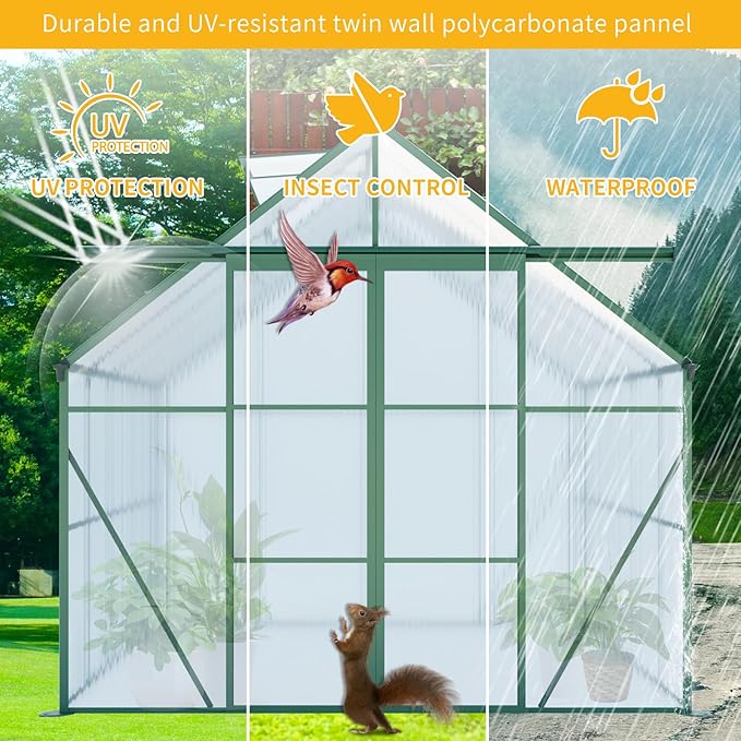 8x10 Greenhouse for Outdoor with Double Door and Adjustable Roof Walk-in Polycarbonate Gardening Green House with Raised Base and Anchor Drainage System for Backyard Lawn Green