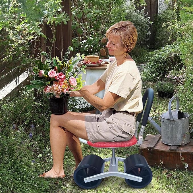 Garden Cart with Seat | Rotating Garden Stools for Gardening Adjustable Height Chair Scooter Steering Handle Gardening Seats for Seniors
