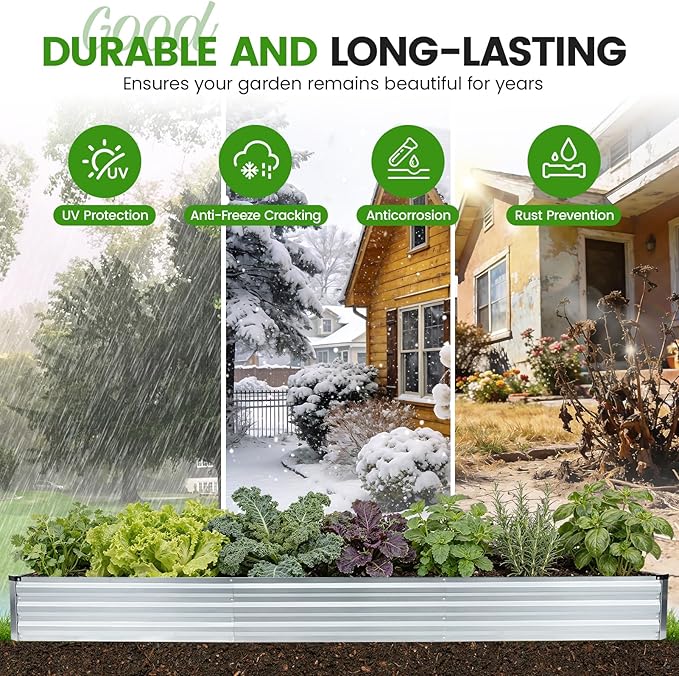 G GOOD GAIN 12x4x1ft Galvanized Raised Garden Bed Heavy-Duty Metal Planter Boxes Outdoor for Vegetables Flowers Herbs Silver(1 Pack)
