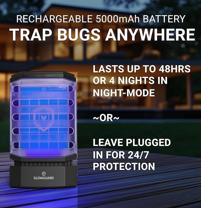 GlowGuard Cordless Flying Insect Trap Catches Fruit Flies Indoor Gnat Killer Magnet for Moths &amp Mosquitos in Dark 1 Rechargeable Trap + 4 Dual-Sided Sticky Pad Refills 30Hr 5000mAh Battery (Bl