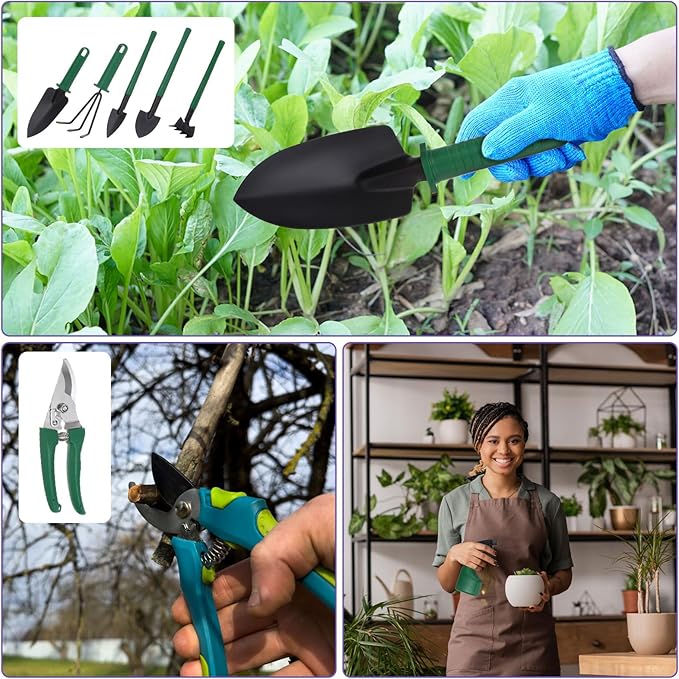 HARFINGTON 1 Set Garden Tool Set 10 Pieces Plastic Gardening Planting Tools Kit with Shovels Rake Scissor Trimmer Water Sprayer and Store Case Green