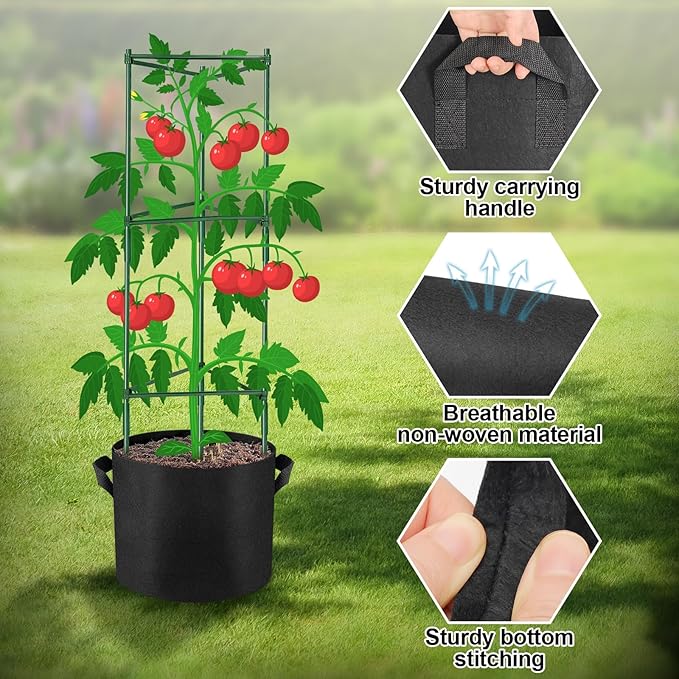 NNG 2 Packs 48 inches Tomato Cages with 10 Gallon Grow BagsGarden Plant Support CagesPlant Tower Stakes Garden Trellis for Climbing PlantsTomato Plant Trellis for Vegetable Fruits Vines