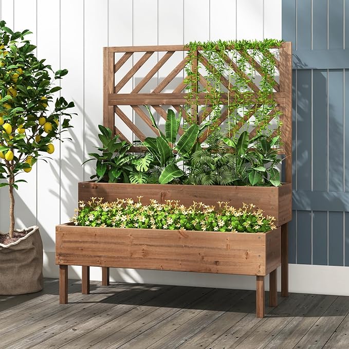 Raised Garden Bed with Trellis 2-Tier Wood Planter Box with Freestanding Legs &amp Drainage Holes Outdoor Raised Garden Bed for Climbing Plant Vine Vegetable
